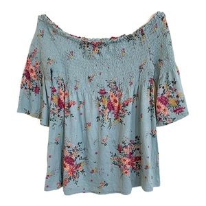 Rewind Tops | Off the Shoulder Floral Top | Color: Pistachio Green